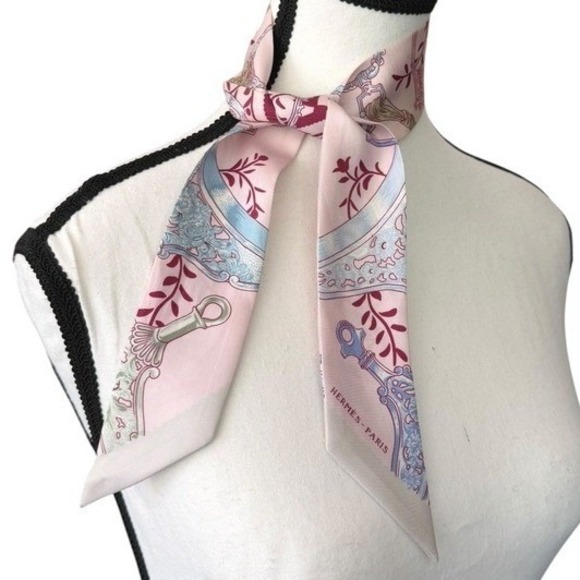 Hermes Accessories - Hermès Pink Silk Twilly Scarf Pastel Blue Burgundy Bag Ribbon Tie